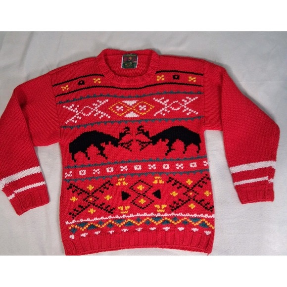Men's Club Other - VTG Men's Club Chunky Hand Knit Red Aztec Fair Isle‎ Wool Blend Sweater Medium